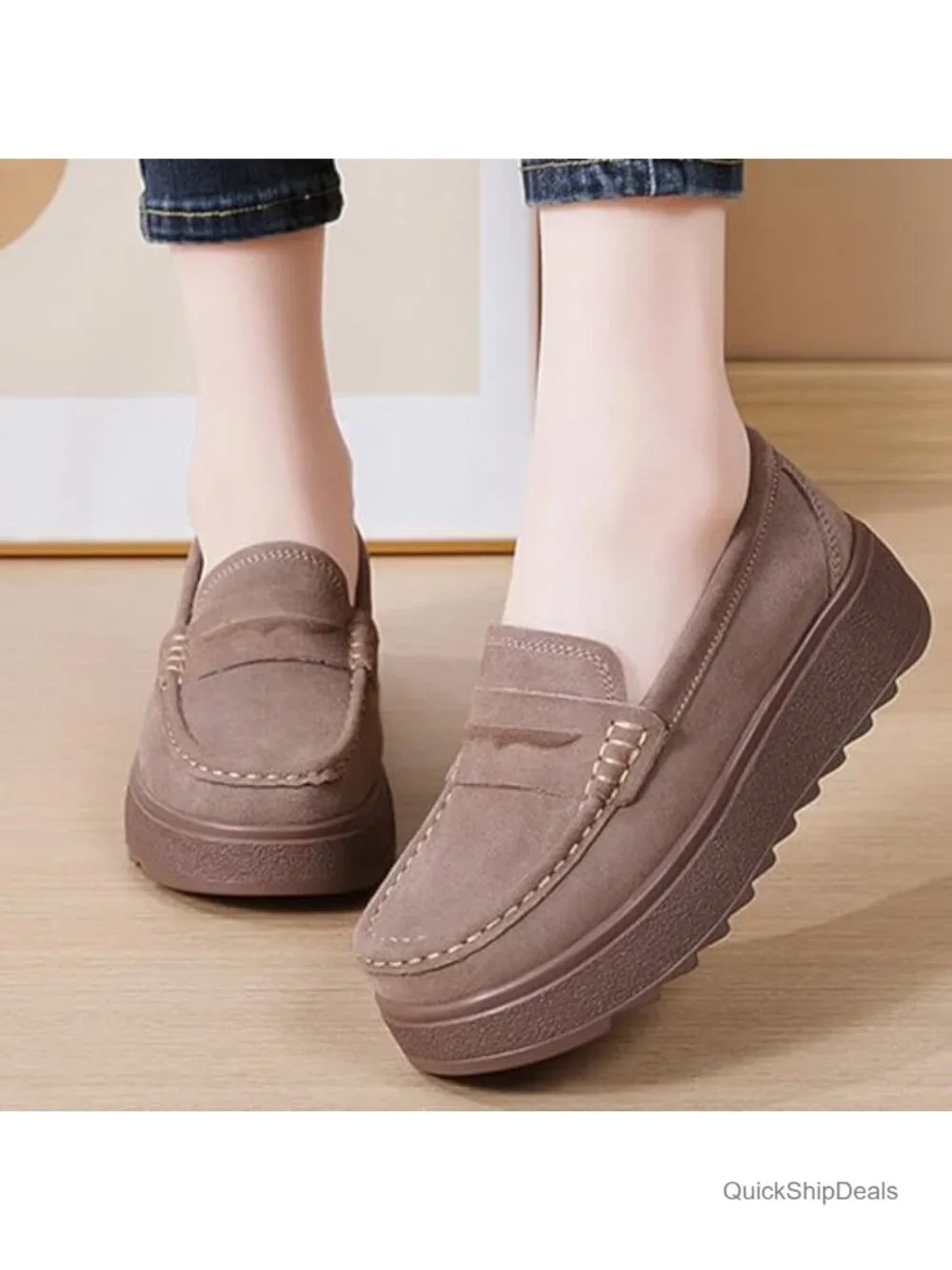 Women's Suede Platform Wedge Slip-On Loafers Mocc Non-Slip Lug Sole Business